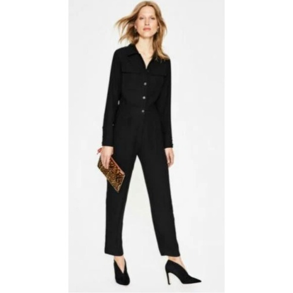 Boden Solid Black Zada Jumpsuit Long Sleeve Button Zipper Size US 4R UK 8R - Picture 2 of 8